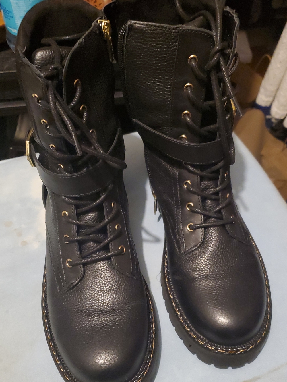 Vince Camuto Black Lace-Up Combat Boots with Gold Accents